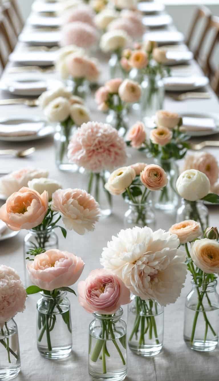 A long table decorated with fifty small bud vases holding soft pastel-colored flowers arranged evenly across the surface.