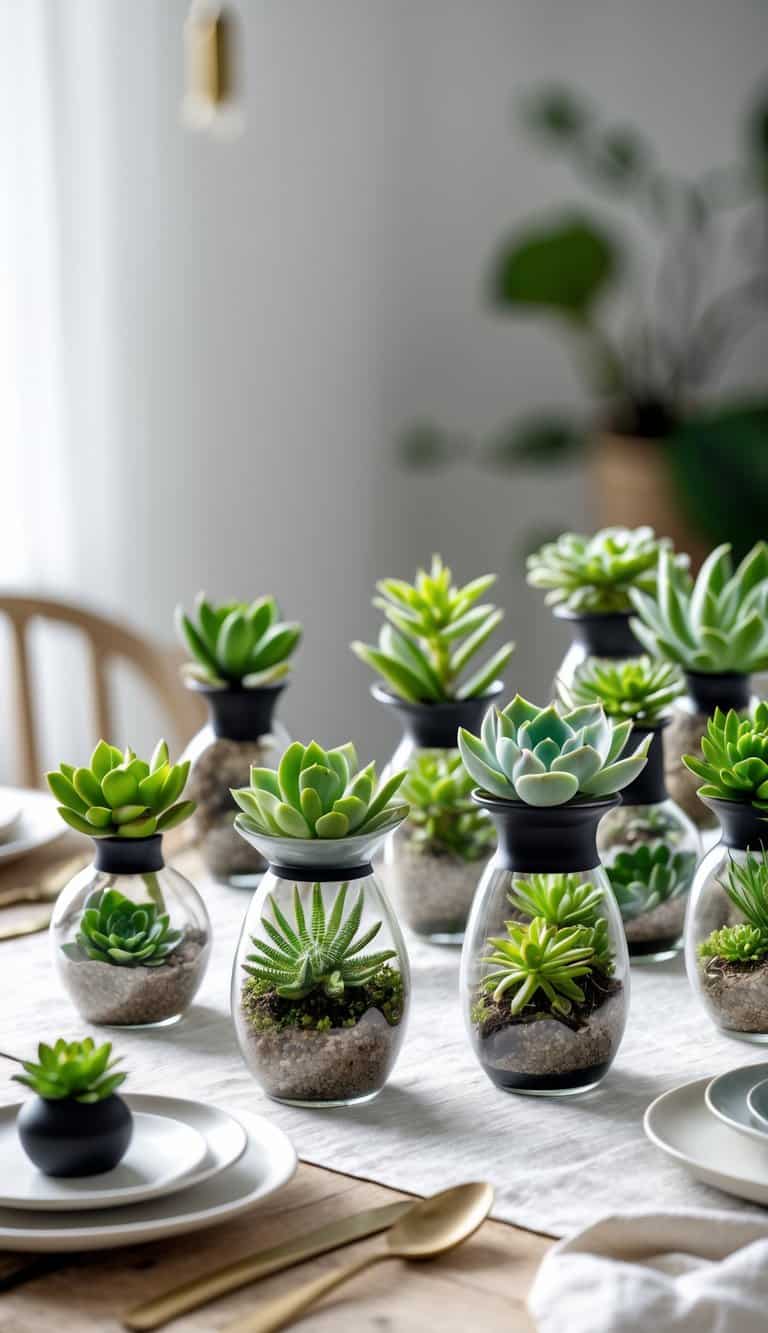 A table set with multiple small bud vases holding different succulents arranged neatly.