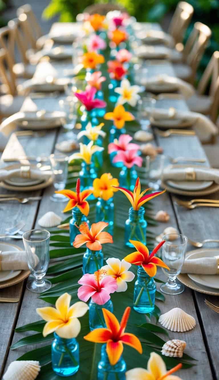 A long wooden table decorated with many small bud vases holding colorful tropical flowers and green leaves.