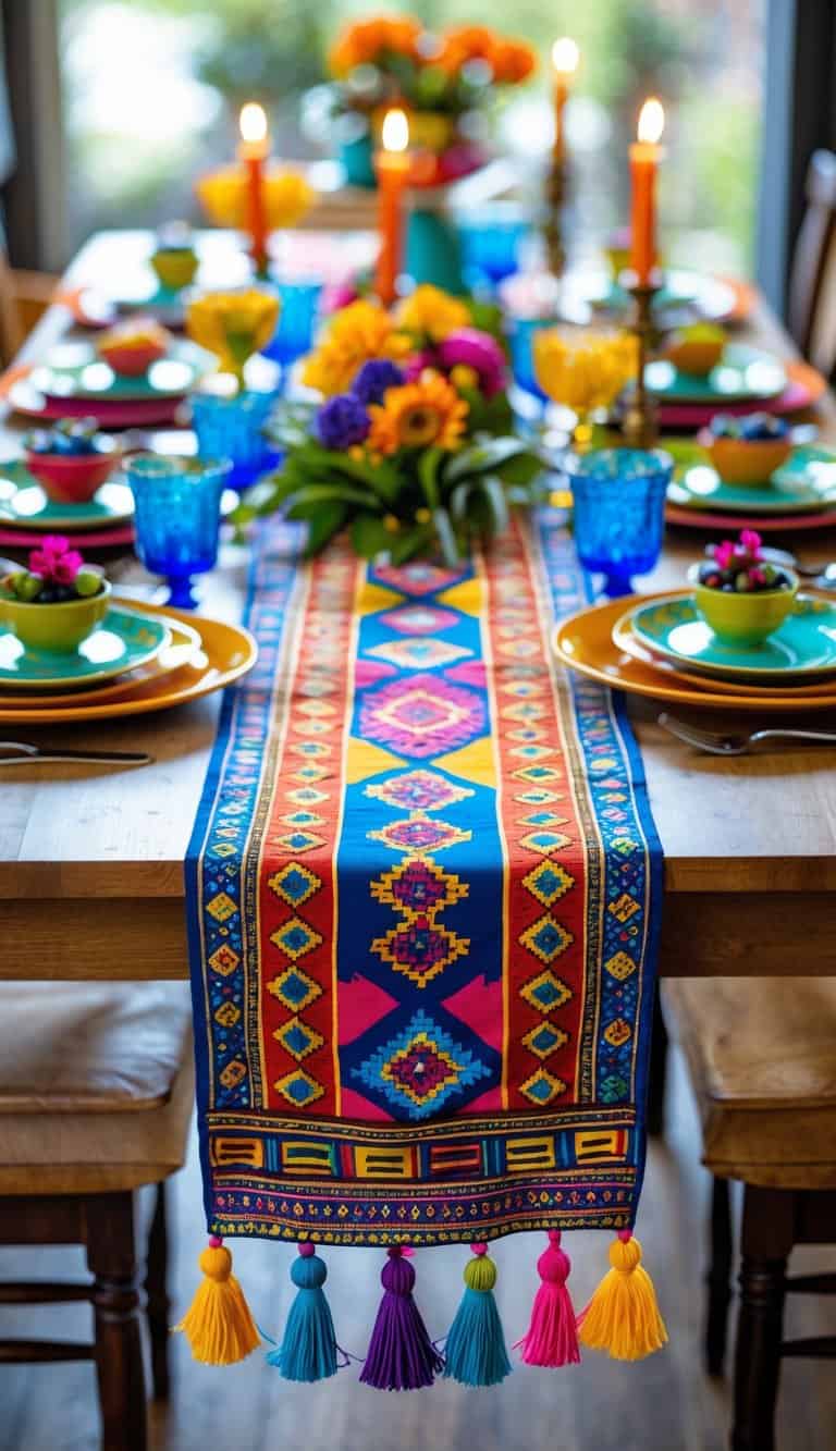 A dining table with a colorful patterned table runner with tassels, set with plates, glassware, candles, and flowers.