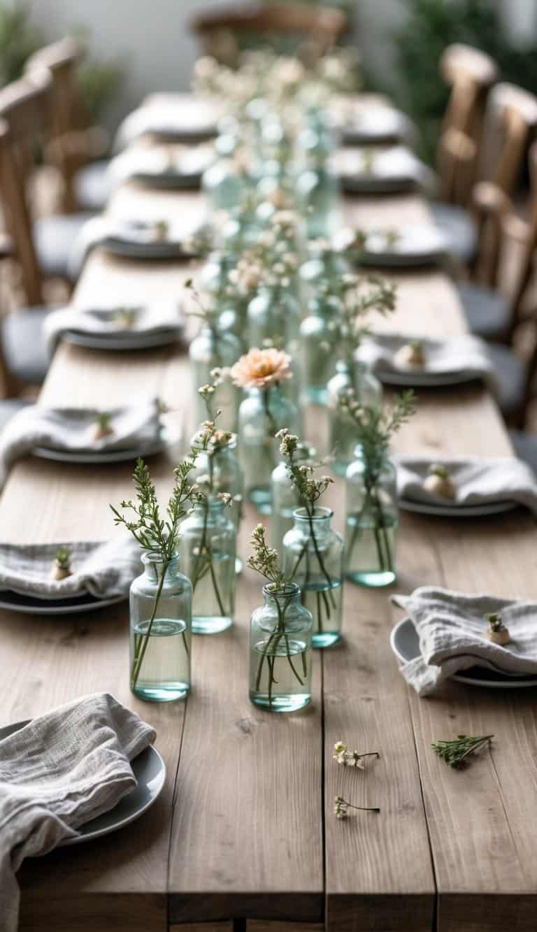 A long wooden table set with many small bud vases holding single flowers, paired with textured linen napkins arranged neatly.
