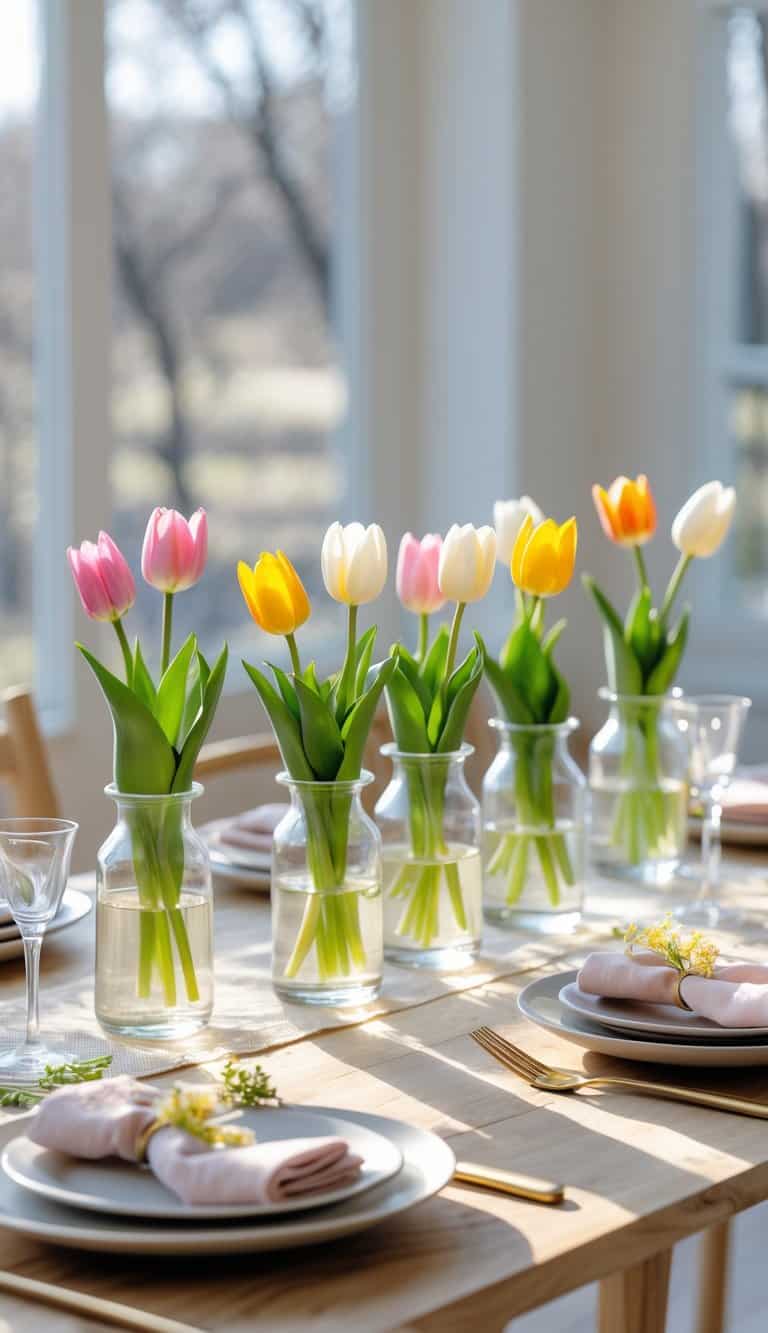 A wooden table set with multiple small glass bud vases each holding a single colorful tulip, arranged for a spring celebration.