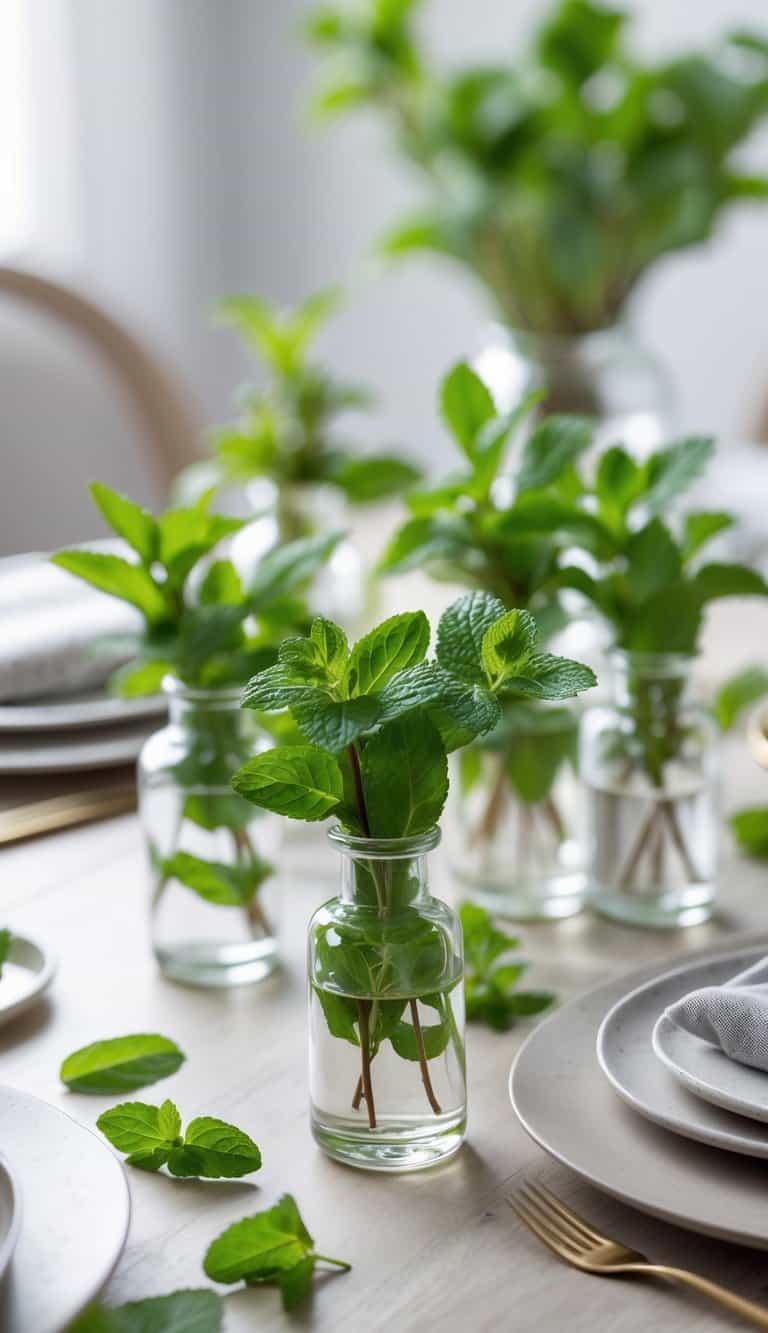 A table set with several small glass bud vases filled with fresh green mint leaves.