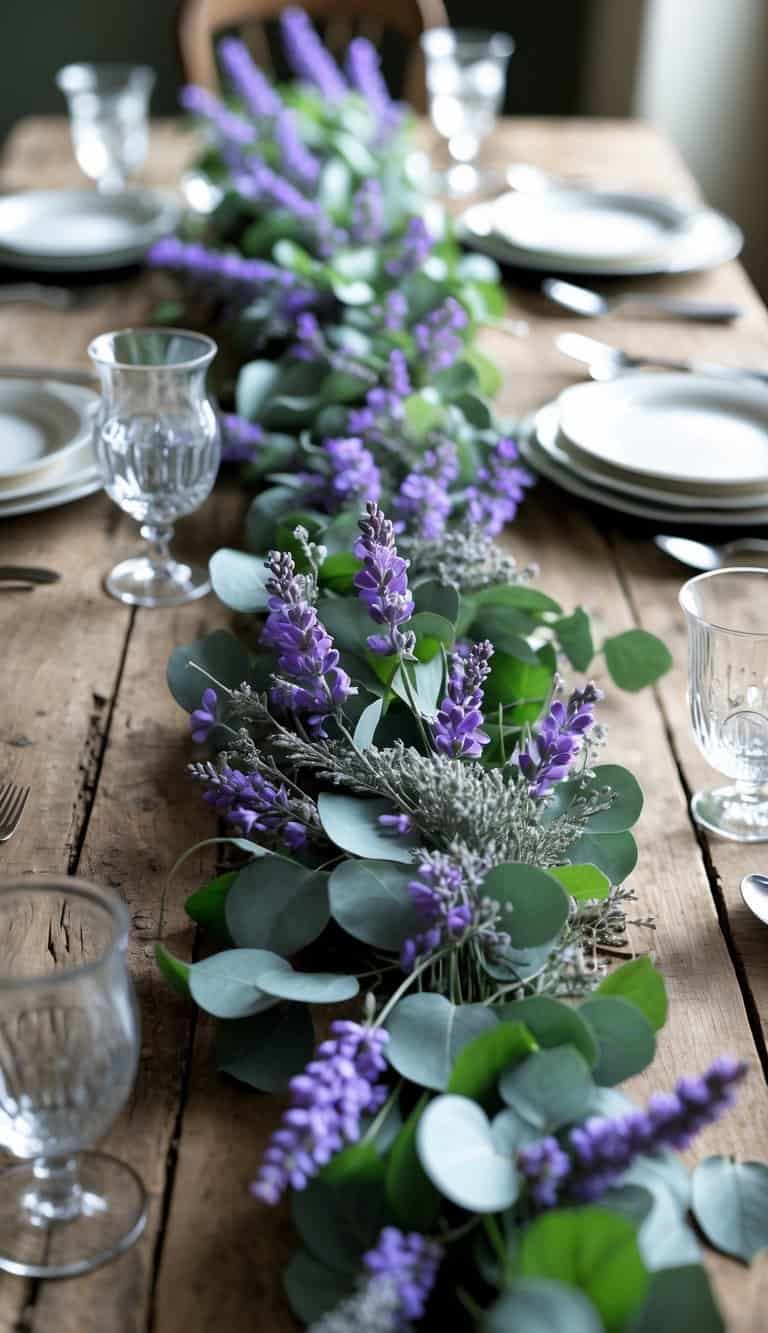 A wooden table decorated with a garland of lavender and eucalyptus surrounded by plates, glasses, and cutlery.
