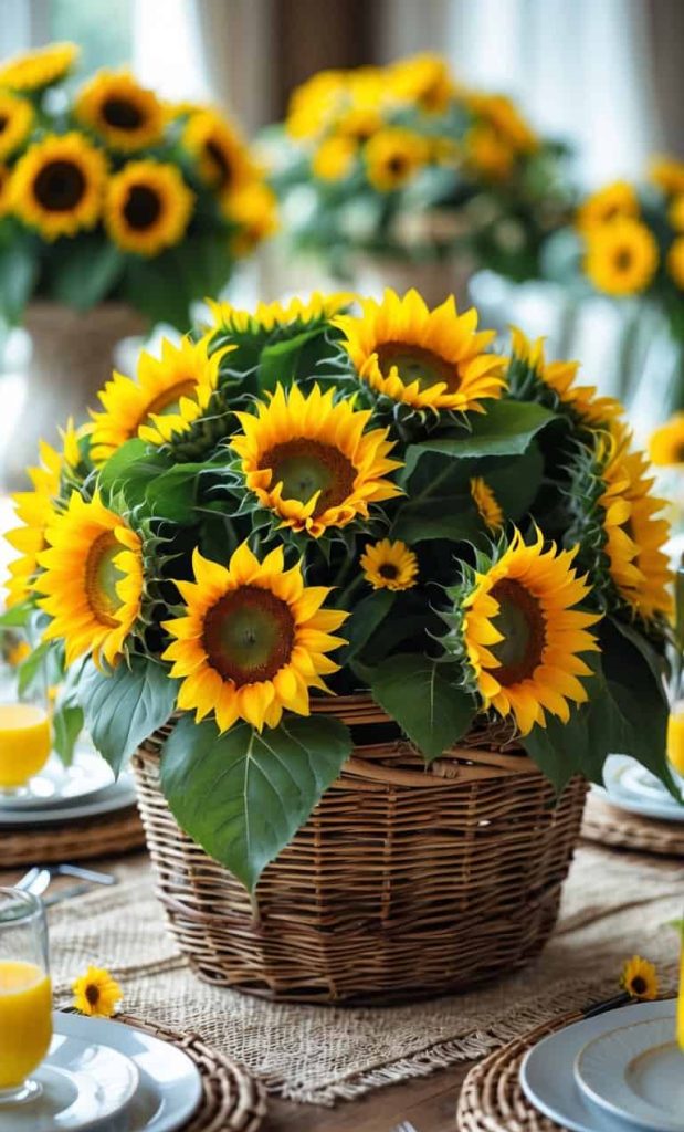 A wicker basket filled with vibrant sunflowers sits on a table set for a meal, with glasses of orange juice and woven placemats nearby.
