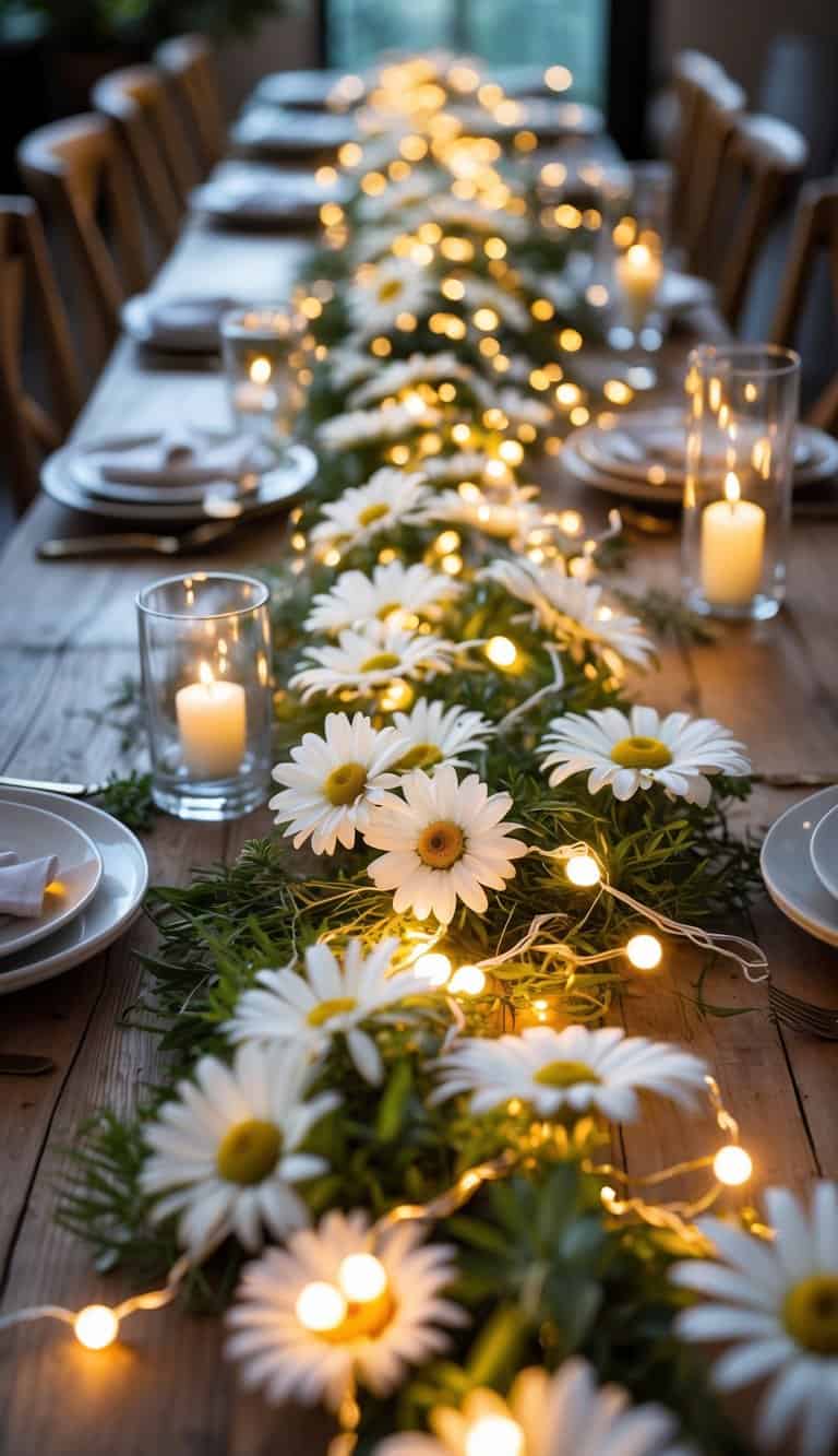 A wooden table decorated with daisy chains intertwined with glowing fairy lights and surrounded by glass vases and candles.
