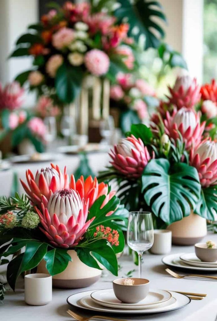Table set with plates, glasses, and gold cutlery, decorated with large floral centerpieces featuring protea flowers and green leaves.