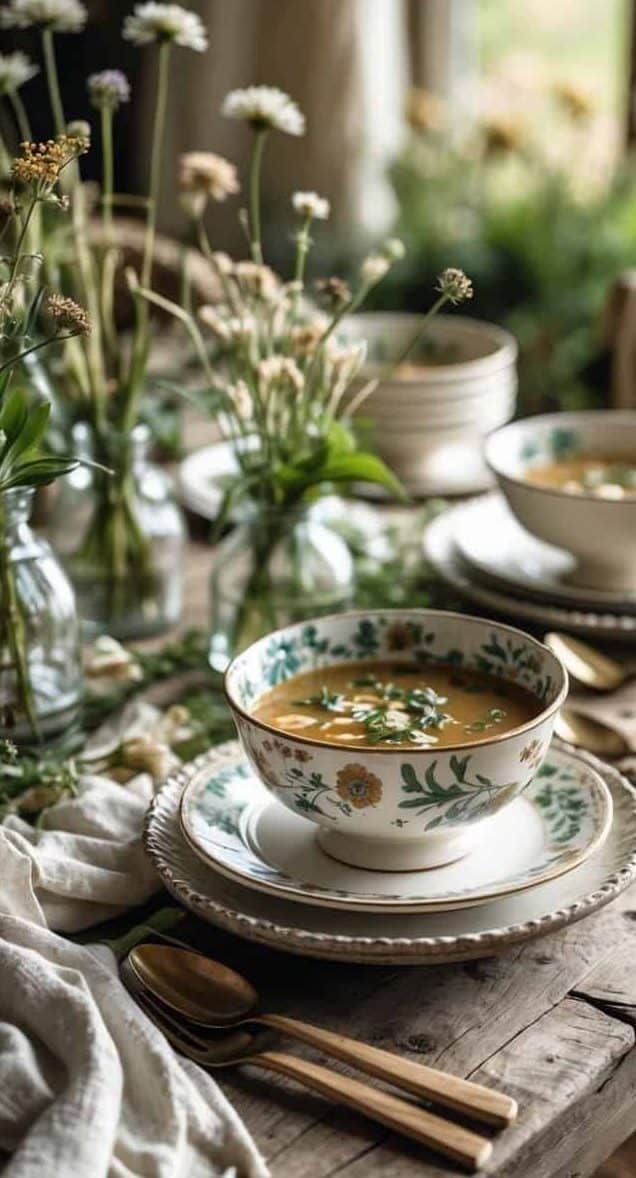 A rustic wooden table set with floral-patterned bowls of soup, gold cutlery, and vases of wildflowers near a sunlit window.