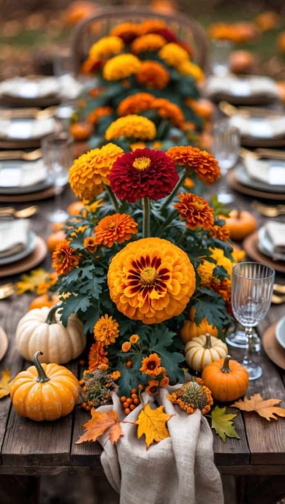 A wooden table set for a meal with plates, glasses, and cutlery, decorated with orange and yellow flowers, small pumpkins, and autumn leaves.