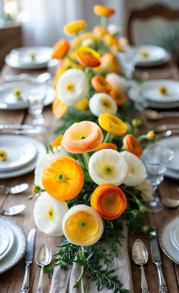 A wooden dining table set with plates, silverware, and glasses, featuring a centerpiece of yellow, orange, and white flowers on a beige table runner.