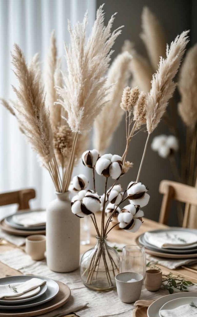A wooden dining table set with neutral ceramic dishes, glassware, and centerpieces of pampas grass and cotton stems in vases.