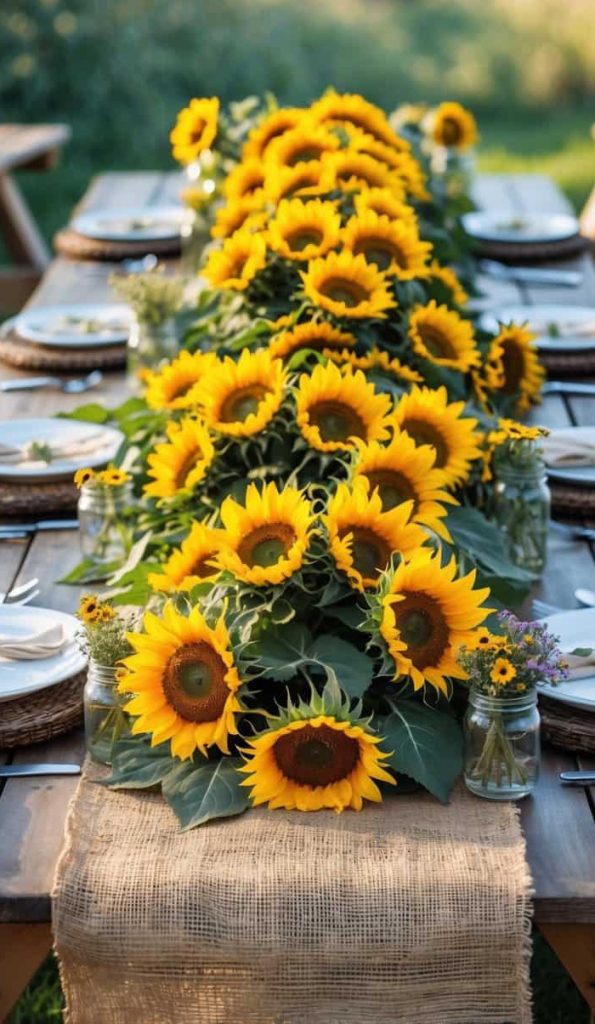 A long outdoor wooden table is set for a meal, decorated with a centerpiece of bright yellow sunflowers and small bouquets in jars, with plates and cutlery arranged around it.
