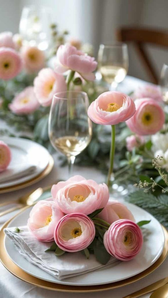 A dining table set with white plates, gold cutlery, wine glasses, and pink ranunculus flowers arranged as centerpieces and plate decorations.
