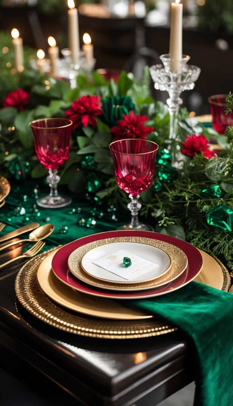 A table set with green and red decorations, plates, glassware, and floral centerpiece on a dark wooden surface.