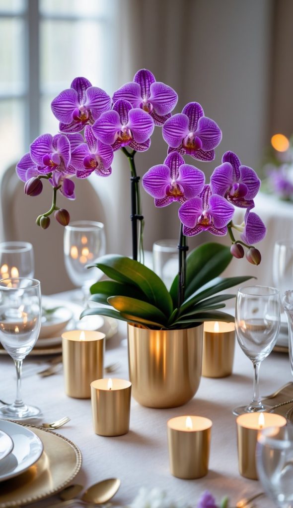 A gold pot with blooming purple orchids sits on a set dining table, surrounded by gold votive candles, plates, and glassware.