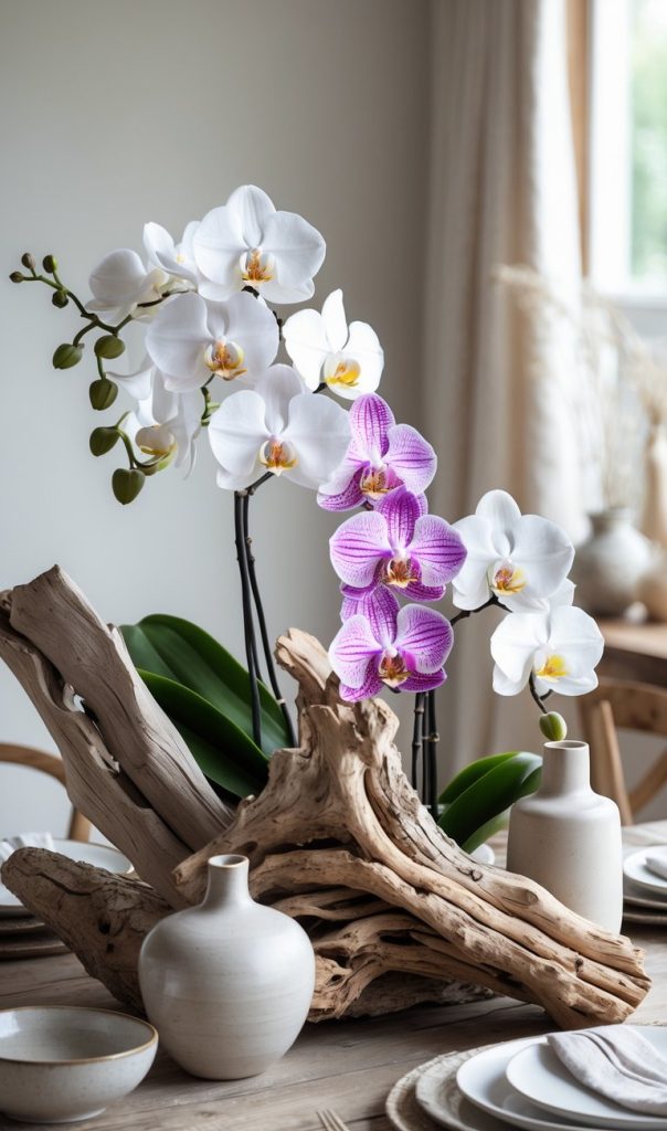 White and purple orchids arranged with driftwood as a centerpiece on a dining table, surrounded by neutral ceramic vases and tableware.