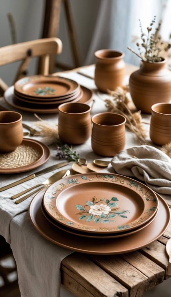 A wooden table set with brown ceramic plates, cups, and vases, featuring floral designs, gold cutlery, and neutral linens in natural light.