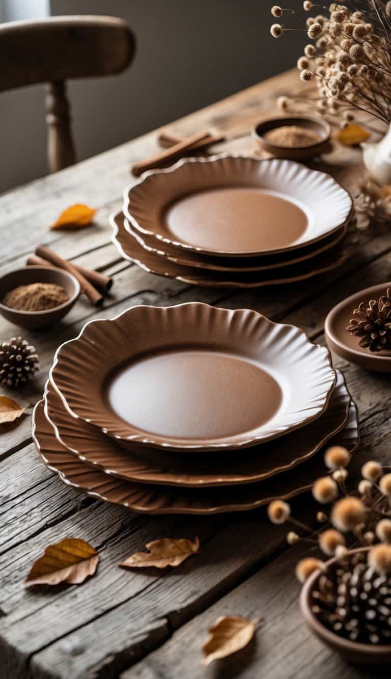 Close-up of brown ceramic dessert plates with scalloped edges arranged on a wooden table with autumn-themed decorations.