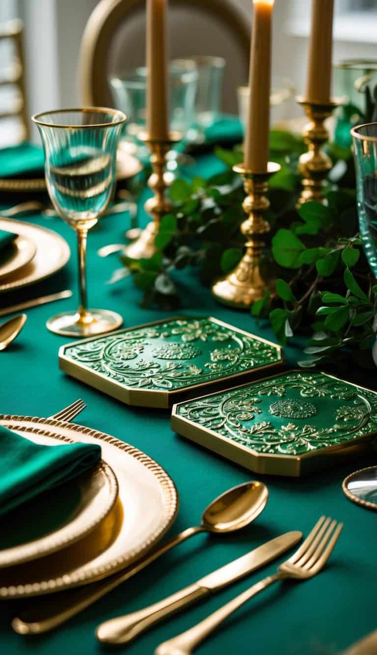A dining table set with emerald green and gold embossed coasters, green table linens, gold-rimmed glasses, and gold flatware.