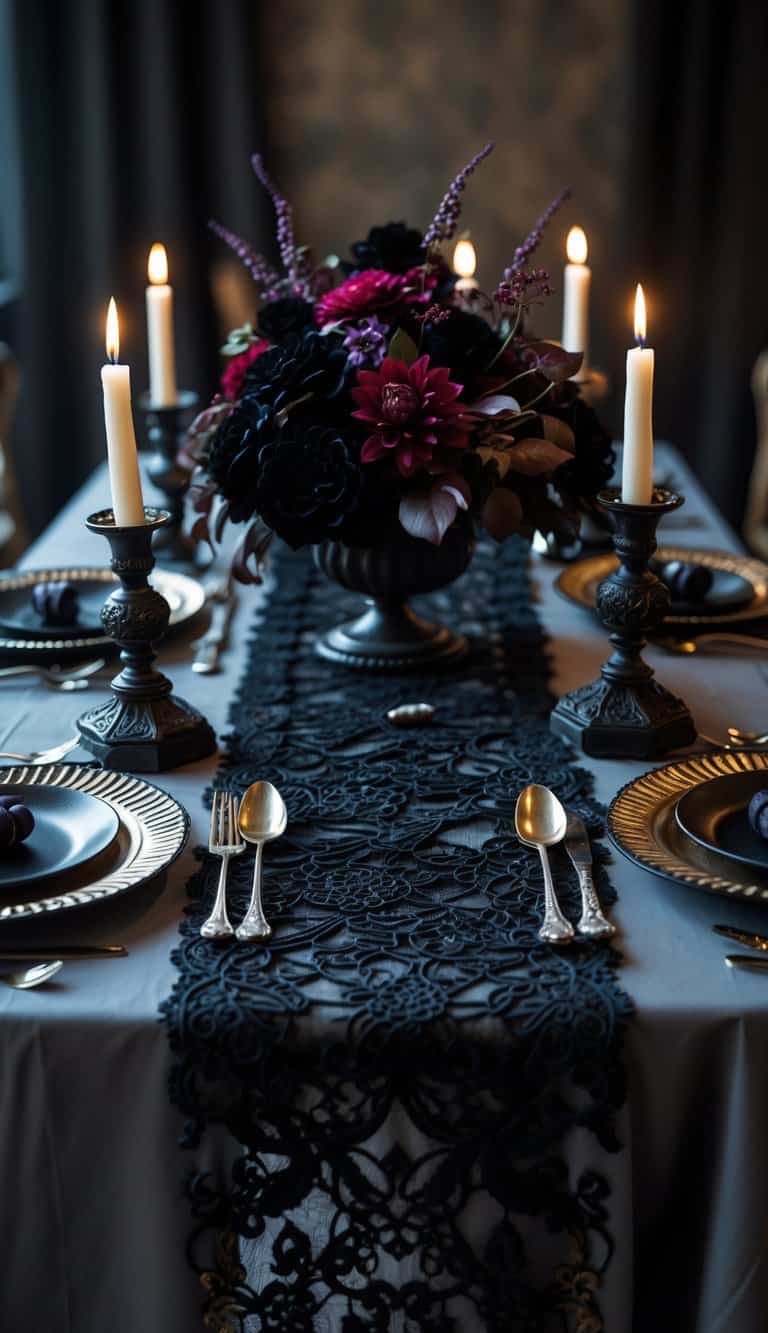 A dining table set with a black lace table runner with velvet accents, surrounded by dark candles, silverware, and deep red and purple flowers.