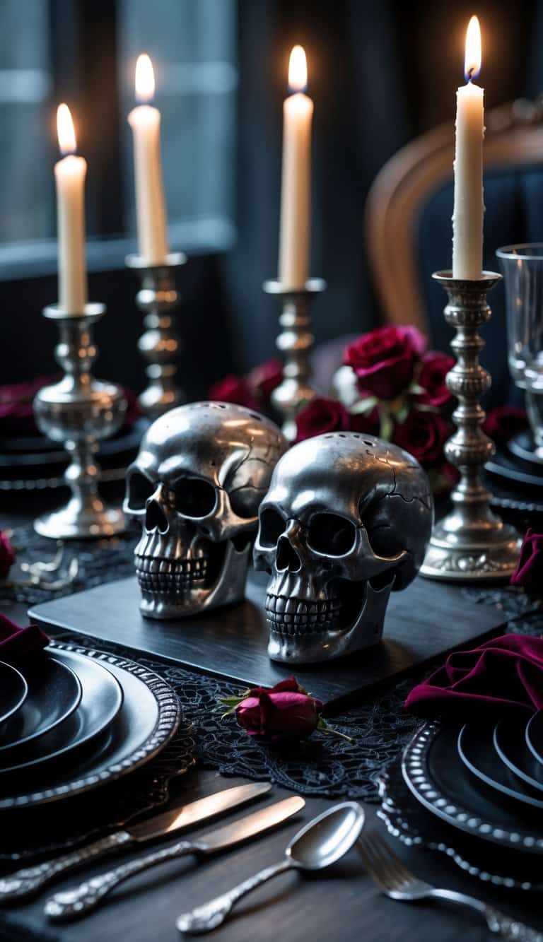 A table set with skull-shaped salt and pepper shakers surrounded by dark plates, candles, and gothic-style decorations.