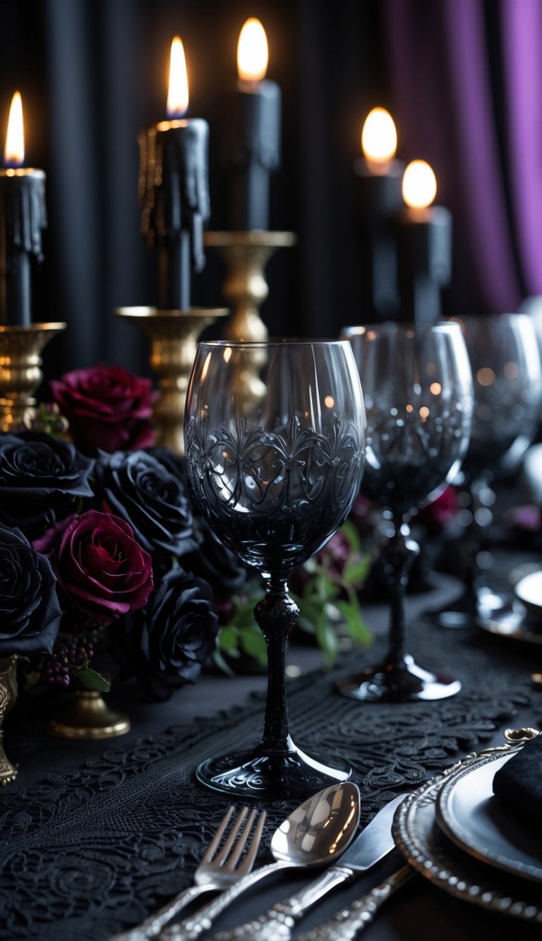 A dark gothic tablescape featuring black crystal wine glasses, black lace, candles, and dark floral arrangements on a table.