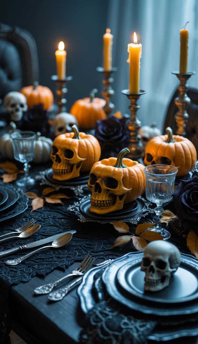 A dark wooden table set with miniature skull-shaped pumpkins, candles, dried leaves, and gothic decorations arranged for a Halloween tablescape.