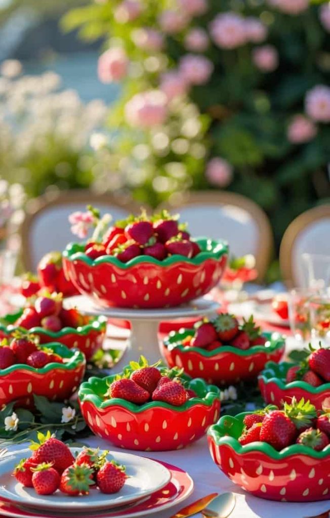A table set outdoors with red and green strawberry-shaped bowls filled with fresh strawberries, surrounded by flowers and place settings.