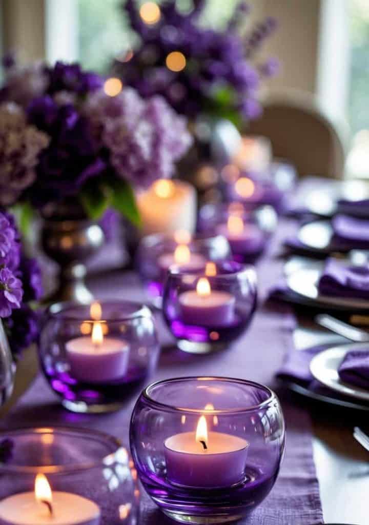 A dining table set with purple glass candle holders, lit candles, purple flowers, plates, and silverware on a purple tablecloth.