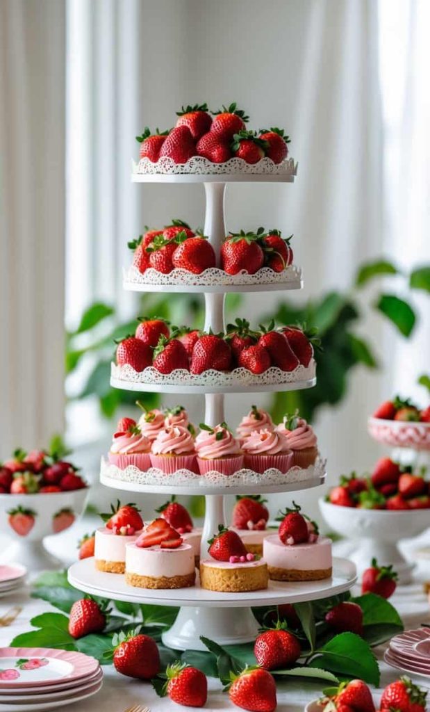 A four-tiered dessert stand displays strawberries, pink frosted cupcakes, and strawberry-topped cakes on a decorated table with plates and more strawberries in the background.