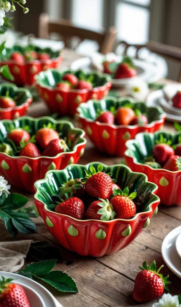 Several red and green ceramic bowls filled with fresh strawberries are arranged on a wooden table set for a meal.