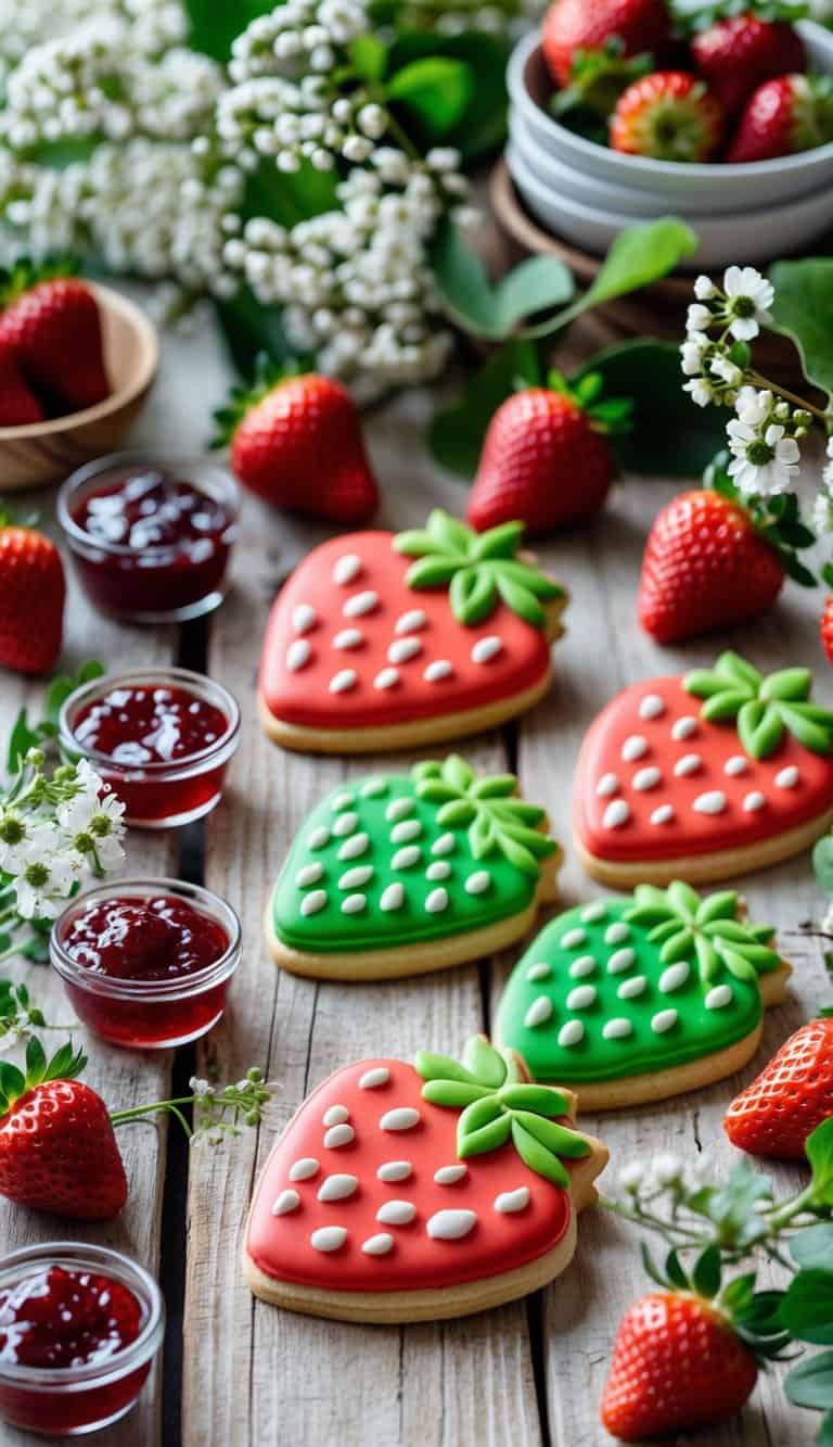 A wooden table set with strawberry-shaped cookies, fresh strawberries, cookie cutters, and small bowls of jam arranged as a table display.