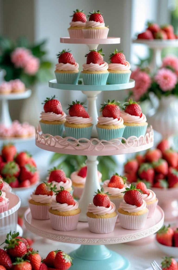 A tiered stand displays cupcakes topped with pink frosting and strawberries, surrounded by bowls of fresh strawberries on a table decorated with floral arrangements.