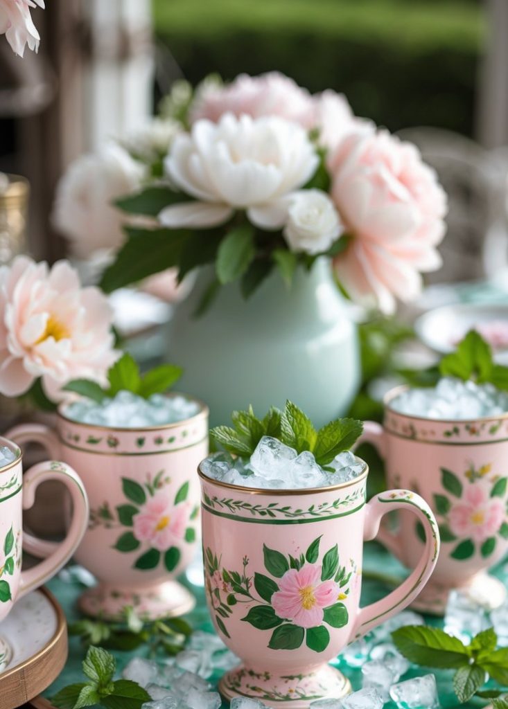 Pink floral teacups filled with ice and mint leaves are arranged on a tray with scattered ice cubes, with a vase of white and pink flowers in the background.