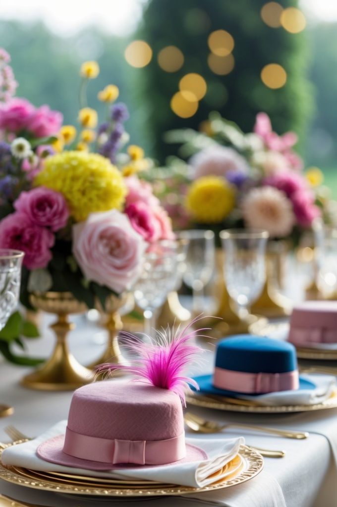 Elegant table setting with gold cutlery, floral centerpieces, and pastel hat-shaped desserts on plates, set for a formal event.