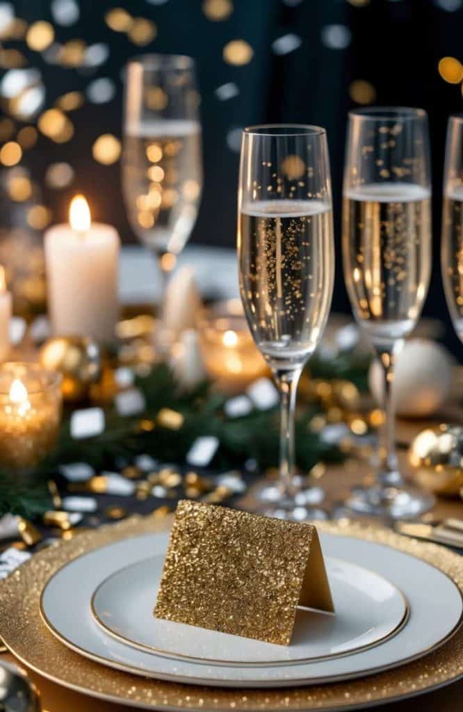 A festive table setting with gold and white plates, a glittery place card, champagne glasses, candles, and gold decorations.