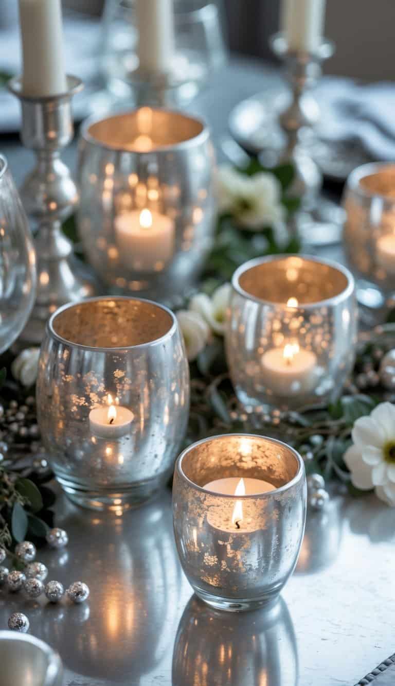 A close-up of several silver mercury glass votive candle holders arranged on a silver table with warm candlelight glowing inside them.
