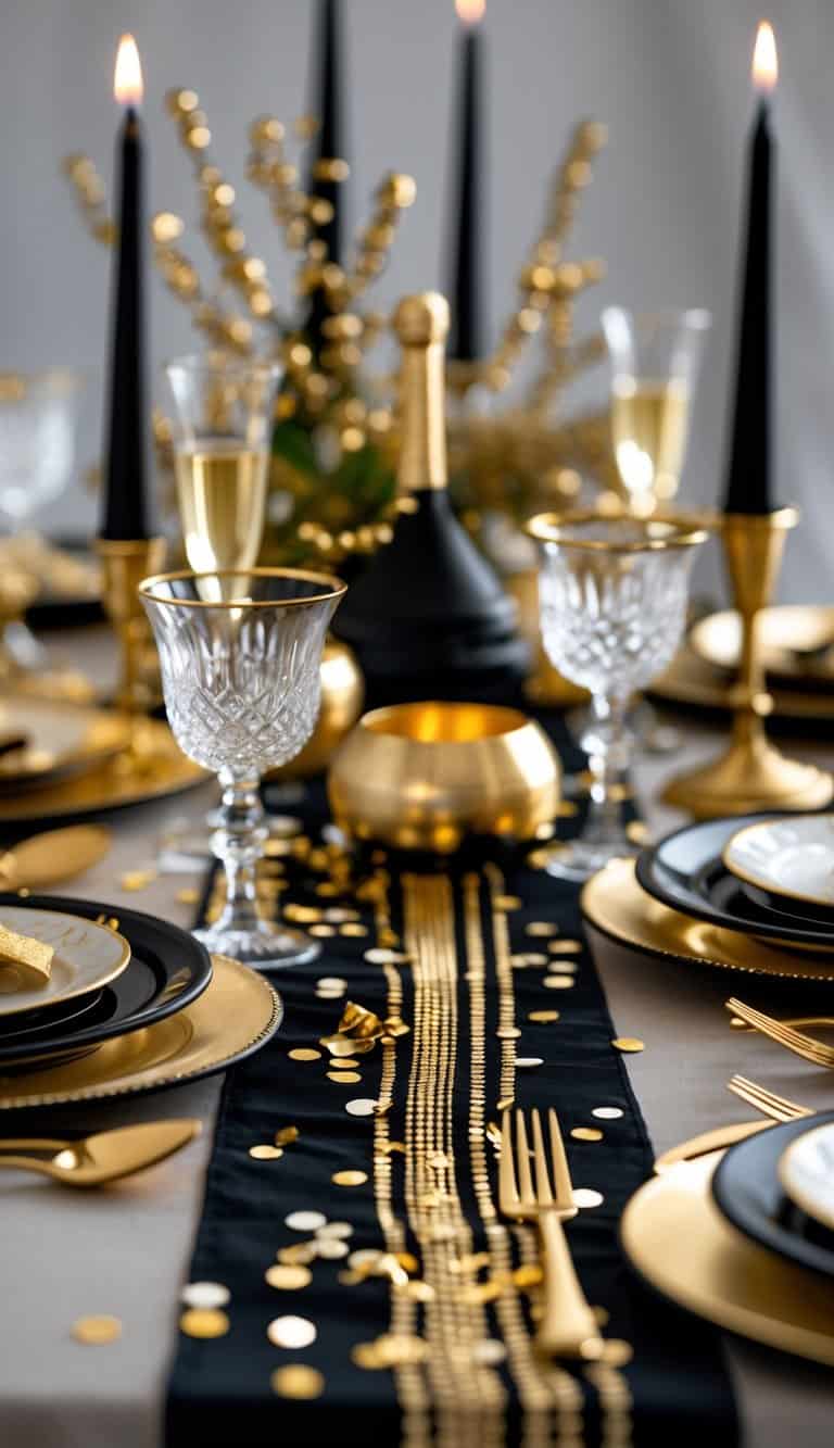 A table set for a New Year's Eve celebration with a black and gold striped table runner, elegant dinnerware, candles, and champagne glasses.