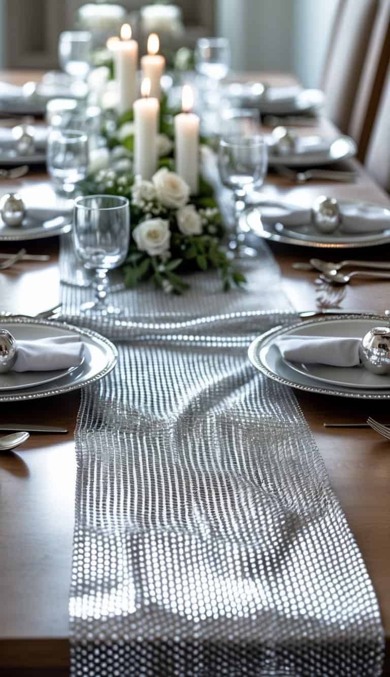 A dining table set with a silver mesh table runner, silver and white tableware, candles, and floral decorations.