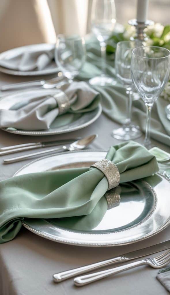 Elegant table setting with silver plates, mint green napkins in silver rings, glassware, and cutlery on a white tablecloth.