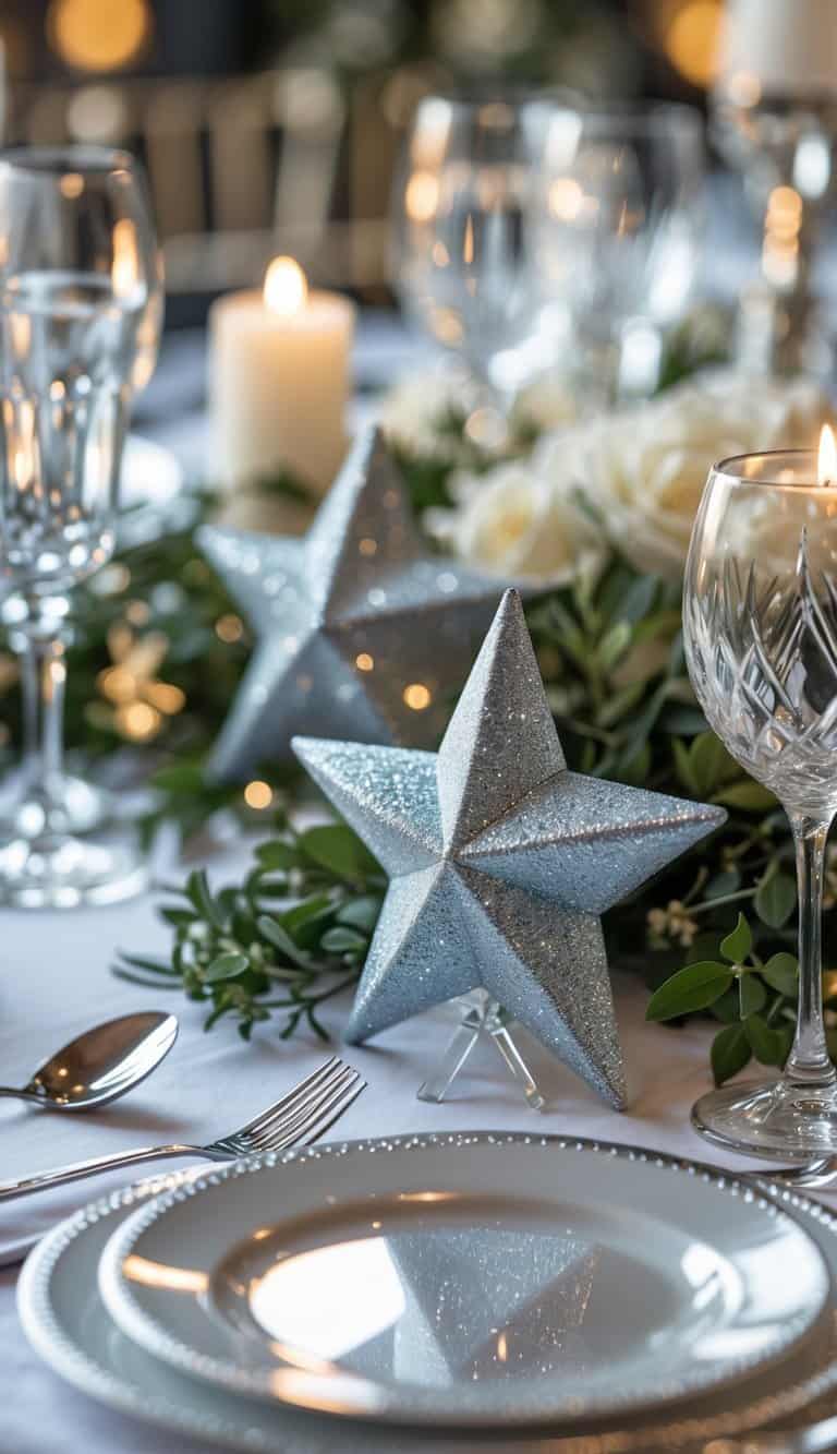Close-up of silver glitter star-shaped place card holders on a decorated table with white plates, glassware, candles, and floral arrangements.