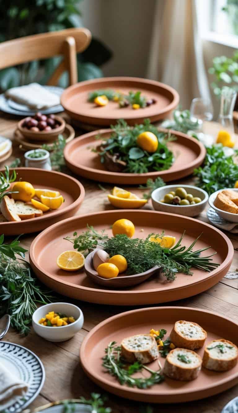 A wooden dining table set with terracotta serving trays holding fresh food and natural elements.