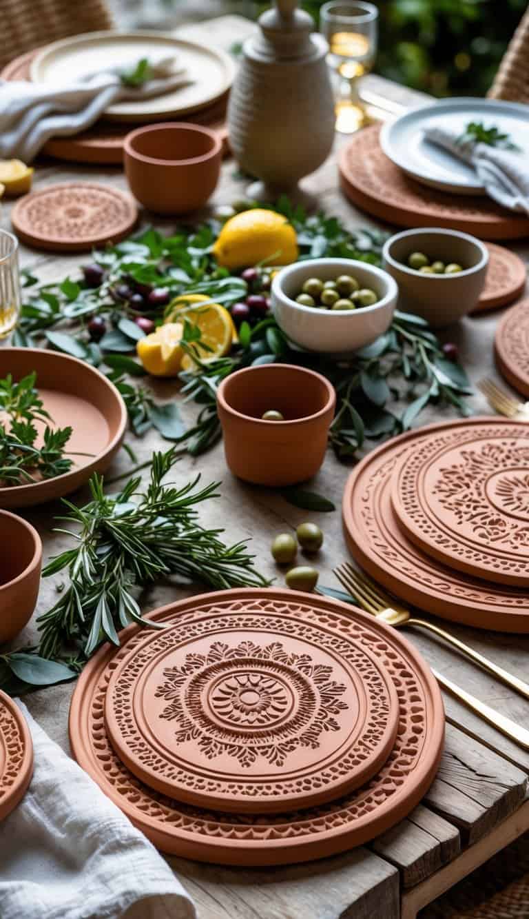 A rustic wooden table set with terracotta coasters featuring Mediterranean patterns, surrounded by plates, glasses, napkins, and fresh herbs.
