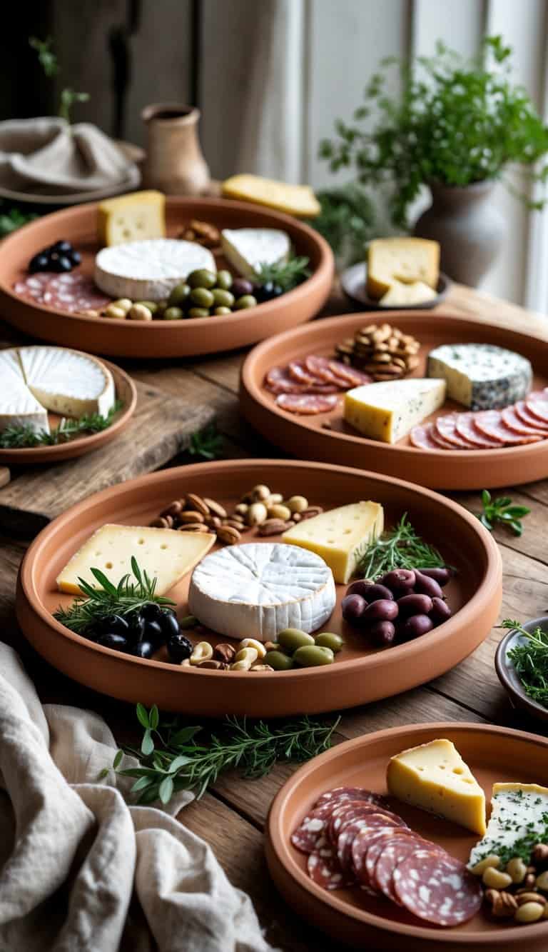 Three wooden tables set with charcuterie boards featuring assorted cheeses, cured meats, olives, nuts, and fresh herbs, with soft natural light from a window.