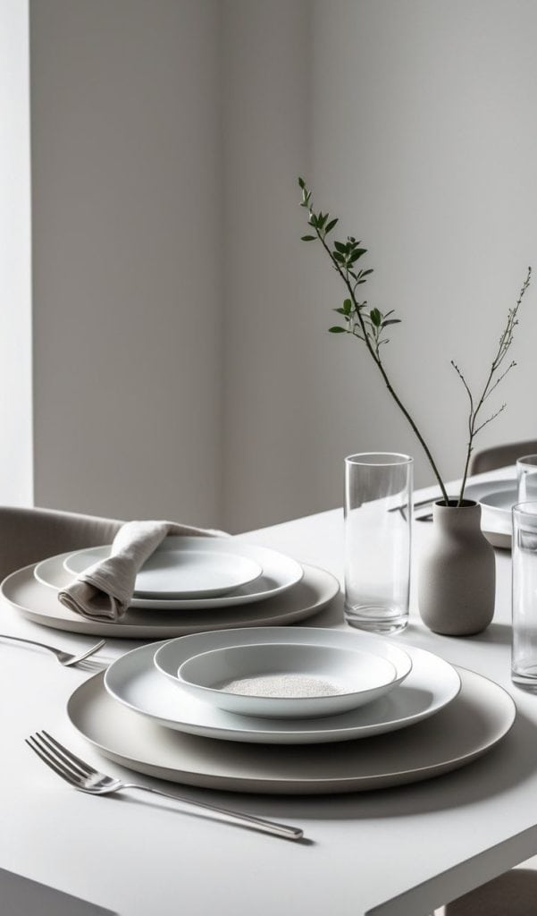 A minimalist table setting with stacked plates, napkins, cutlery, clear glasses, and a small vase with simple greenery on a white table.