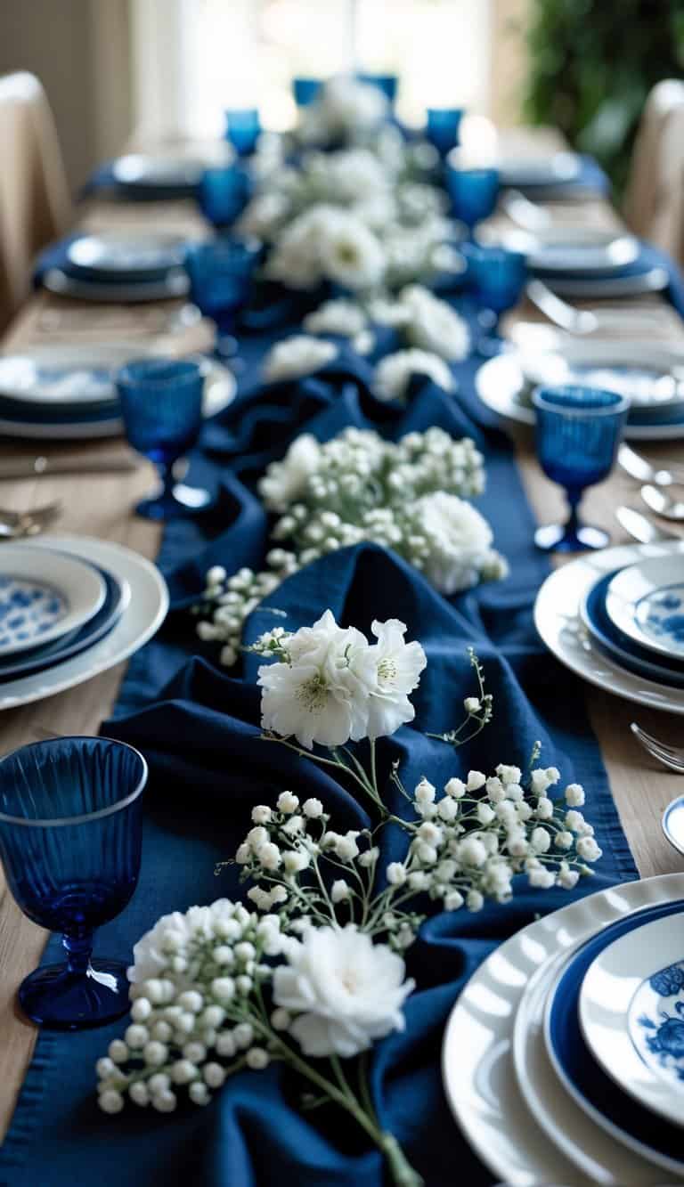 A dining table with a navy blue table runner featuring white floral accents, set with blue and white tableware.