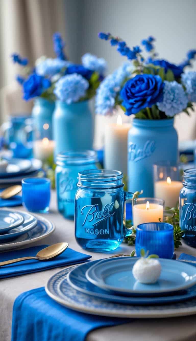 A table set with blue tinted mason jar glasses, blue plates, napkins, and decorative elements arranged on a blue-themed table.