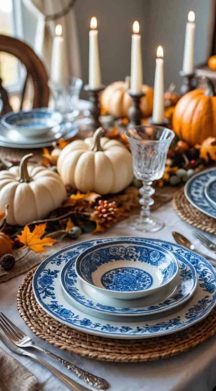 A dining table set with blue and white plates, woven placemats, silverware, glassware, candles, and pumpkins arranged as autumn-themed decorations.