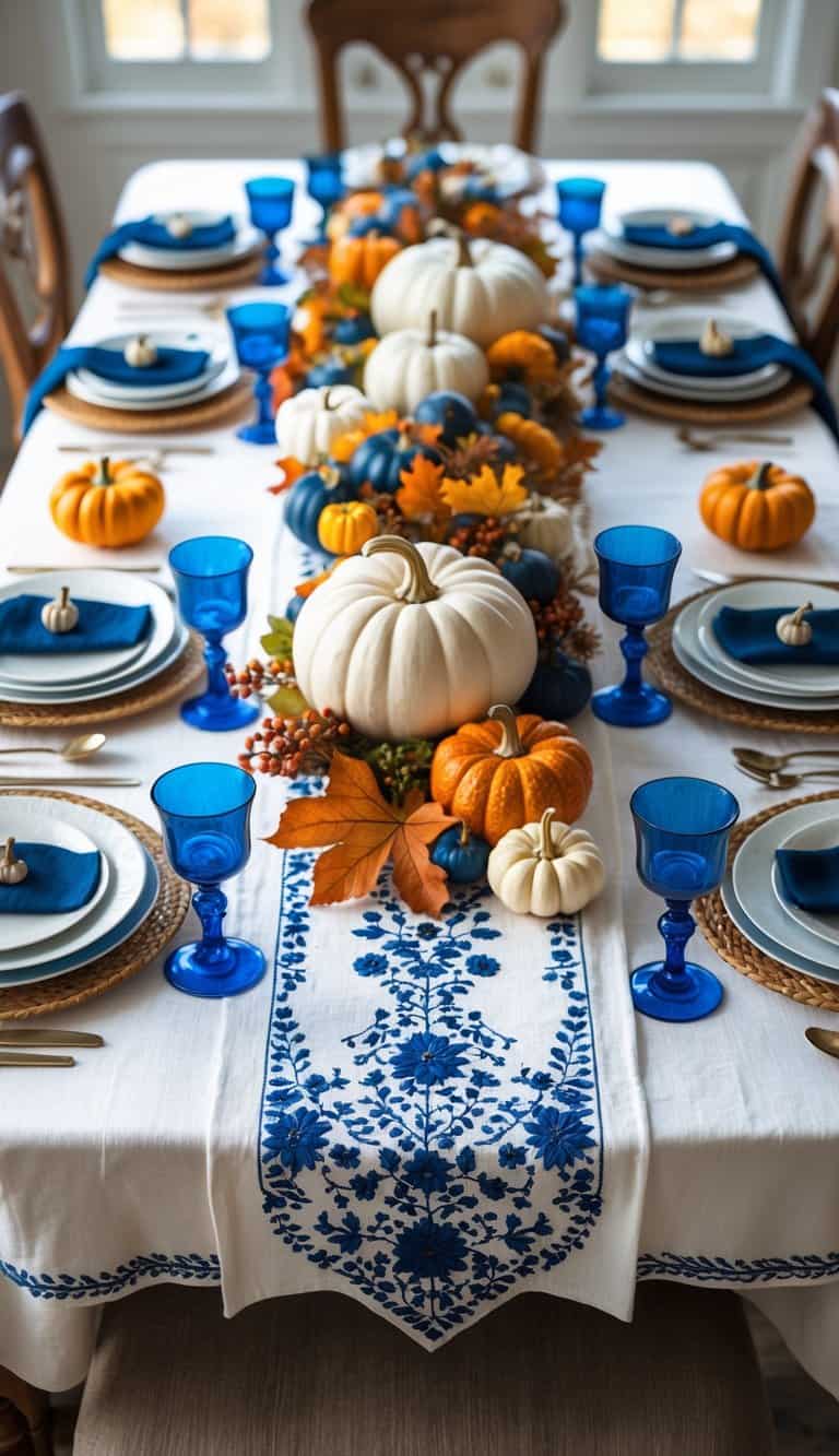 A Thanksgiving table set with a white linen tablecloth embroidered in blue, decorated with blue and white dishes and autumn-themed centerpieces including pumpkins and fall leaves.