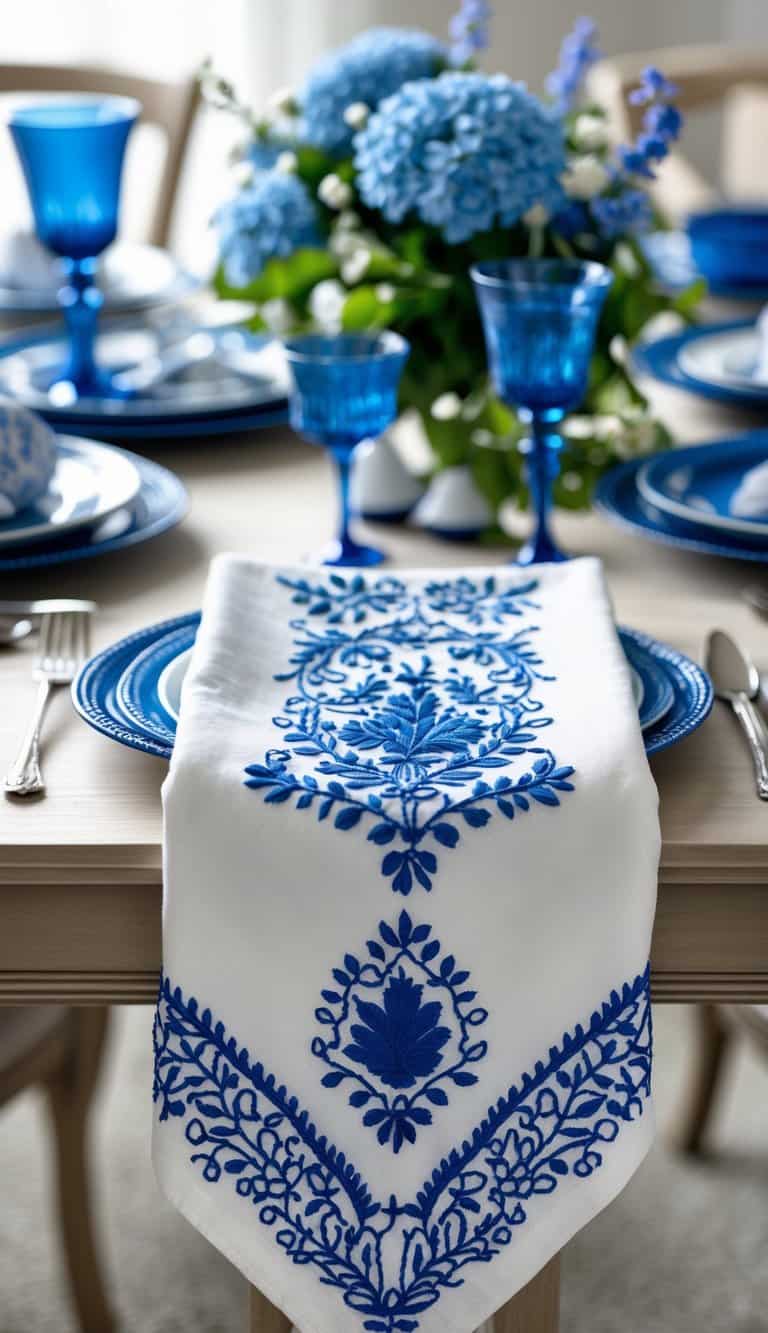 A table set with blue and white embroidered napkins among blue tableware and decorations.